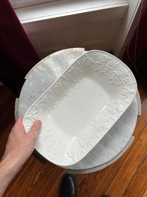Two White Embossed Serving Platters