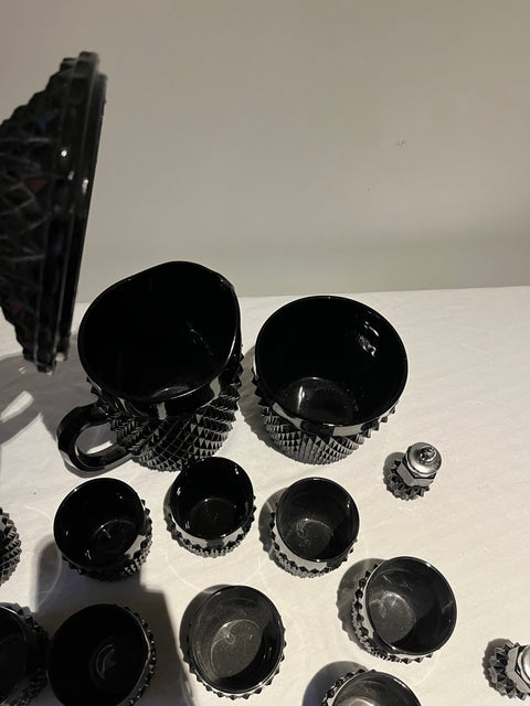 Indiana Glass Tiara Cameo Black Diamond Point Ice Bucket & 8 Tumblers Set