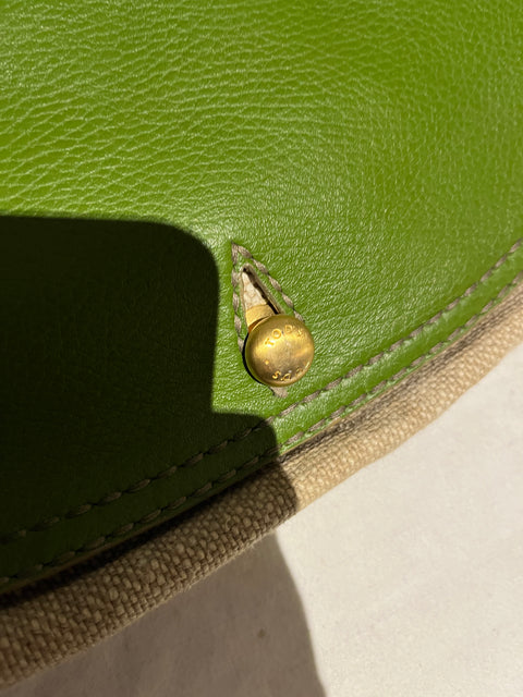 Vintage Tod's Beige Canvas And Green Leather Hobo Bag