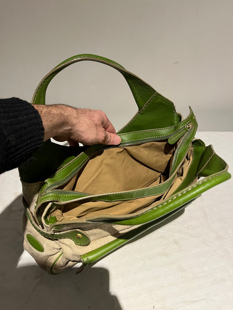 Vintage Tod's Beige Canvas And Green Leather Hobo Bag