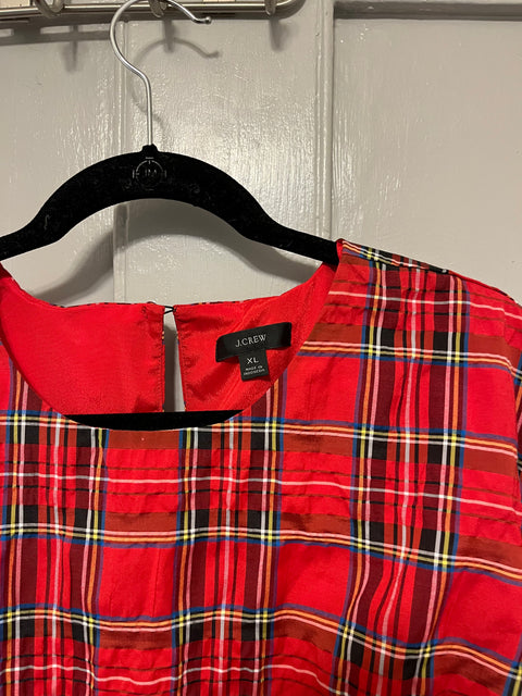 J.Crew Good Tidings Red Black Yellow Blue Tartan Plaid Puff Sleeve Dress, Size XL