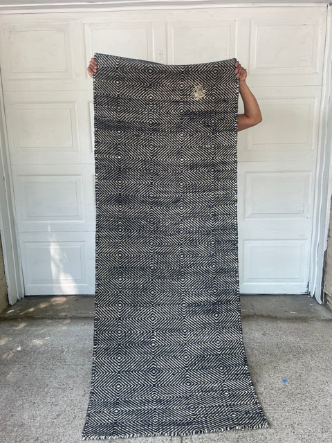 Black and White Striped Long Rug Runner with Stitched Together Hole, 95" x 32"