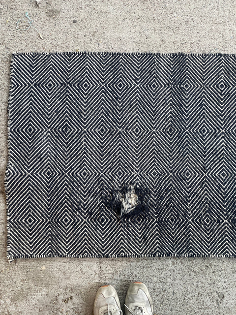Black and White Striped Long Rug Runner with Stitched Together Hole, 95" x 32"