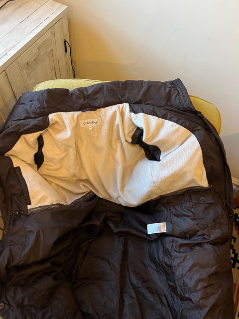 Calvin Klein Long Brown Puffer Coat, Size Women XS