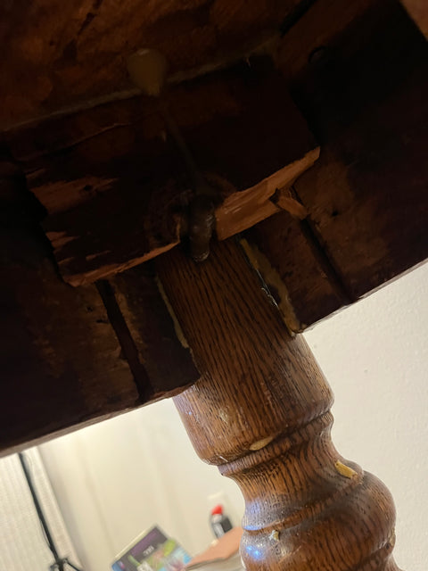 Wooden Antique Dining Table (One Leg's Attachment Needs Repair), W42xL42xH29"