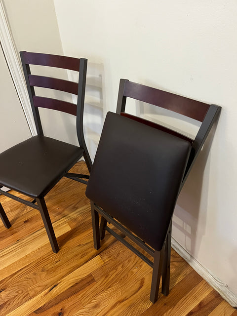Two Back Metal Folding Chairs with Brown Vinyl Seat