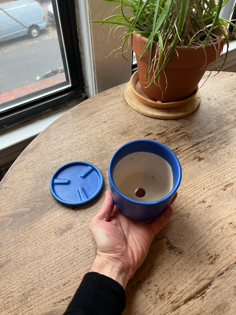 Blue Ceramic Planter And Saucer