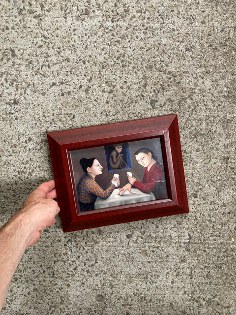 2 Women Playing Cards & A Monkey Watching Art Frame