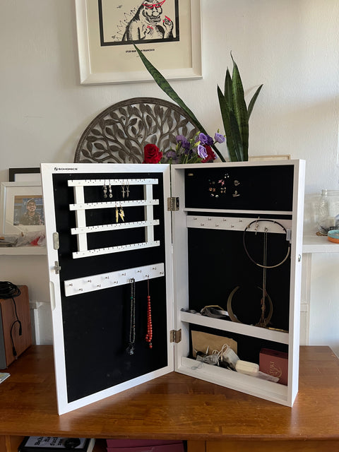 Wall-Mountable Jewelry Armoire With Mirrored Door, 15x26"