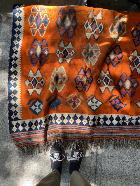 Beautiful Orange Geometric Patterned Kilim Rug With Some Wear, 55x100"