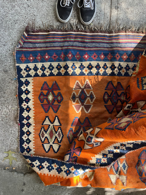 Beautiful Orange Geometric Patterned Kilim Rug With Some Wear, 55x100"