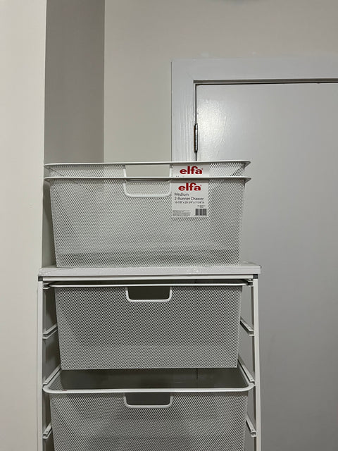 Two Sturdy Elfa Cabinet Closet Drawers Stacked With Extra Drawers, W18xD21xH70"