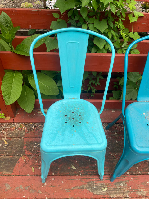 Two Blue Metal Outdoor Chairs