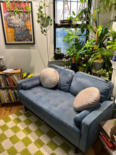 Blue Velvet Loveseat That Could Use A Wash, W59xD31xH23"