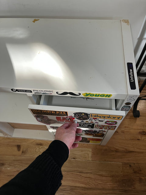 IKEA KALLAX Shelving Unit With Quite A Few Stickers On It, W30xD15xH58”