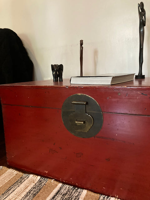 Large Antique Chinese Red Lacquer Trunk
