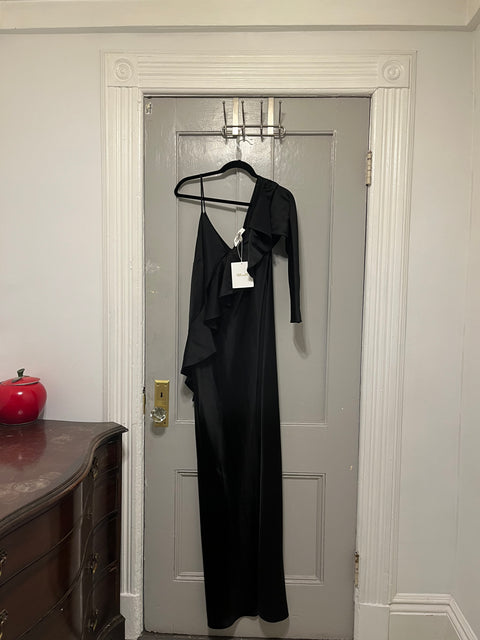 Brand New Diane Von Furstenberg Black Satin Ruffled One-Shoulder Long Dress, Size 14