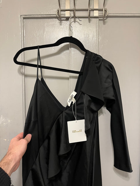 Brand New Diane Von Furstenberg Black Satin Ruffled One-Shoulder Long Dress, Size 14