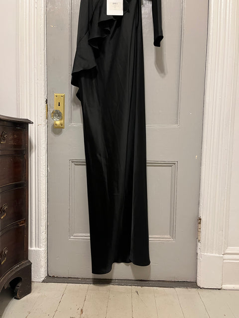 Brand New Diane Von Furstenberg Black Satin Ruffled One-Shoulder Long Dress, Size 14
