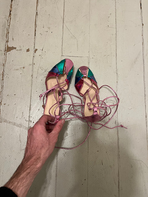 Diamantique Colorful Heeled Wrap Sandals, Size EU 39