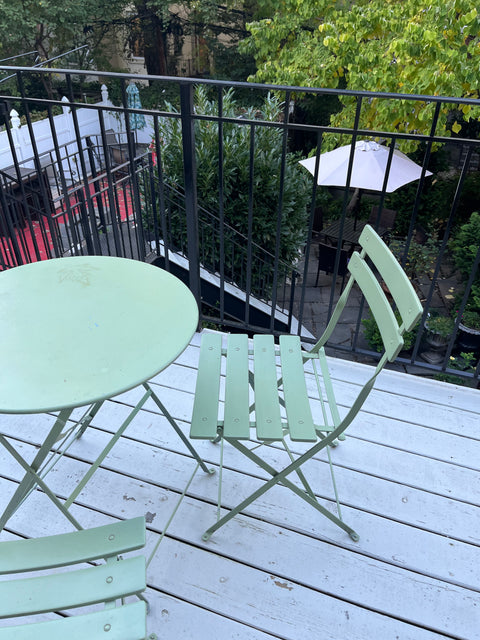 Two Sage Green Folding Bistro Chairs