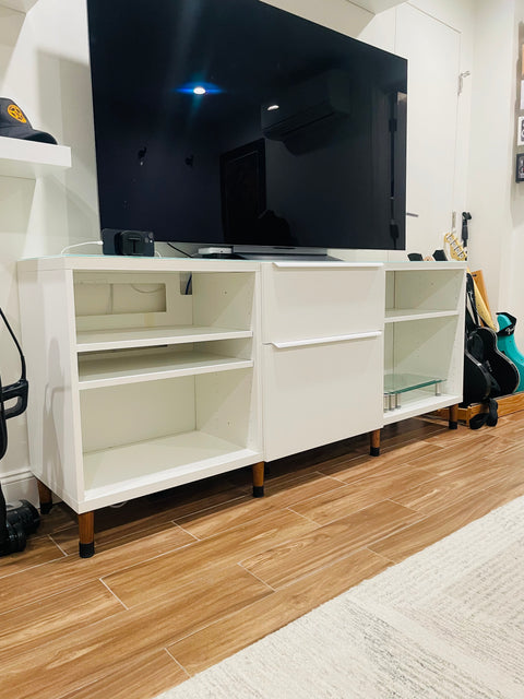 IKEA Besta Shelves as Media Console, 17x80x32"