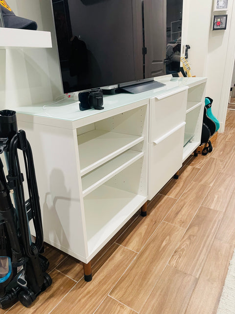 IKEA Besta Shelves as Media Console, 17x80x32"