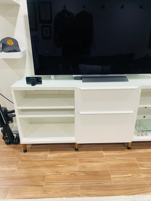 IKEA Besta Shelves as Media Console, 17x80x32"