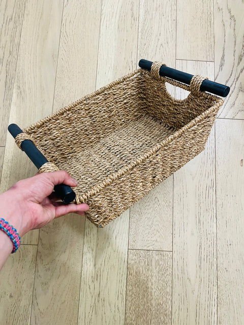 Woven Storage Basket with Black Handles, 12x17x5"