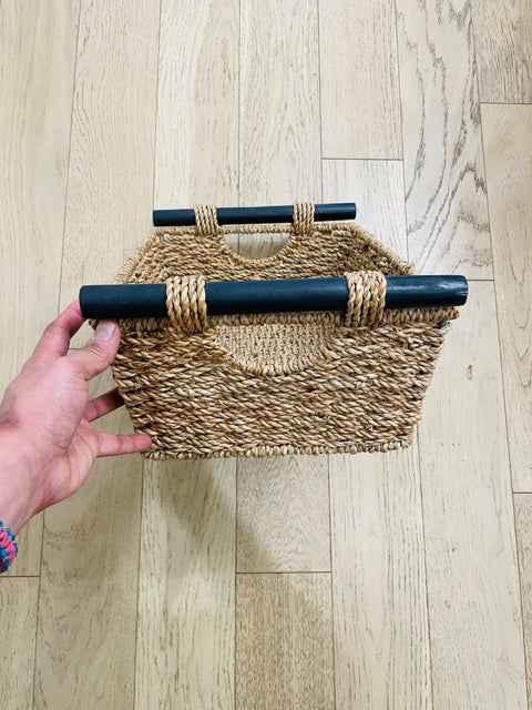 Woven Storage Basket with Black Handles, 12x17x5"