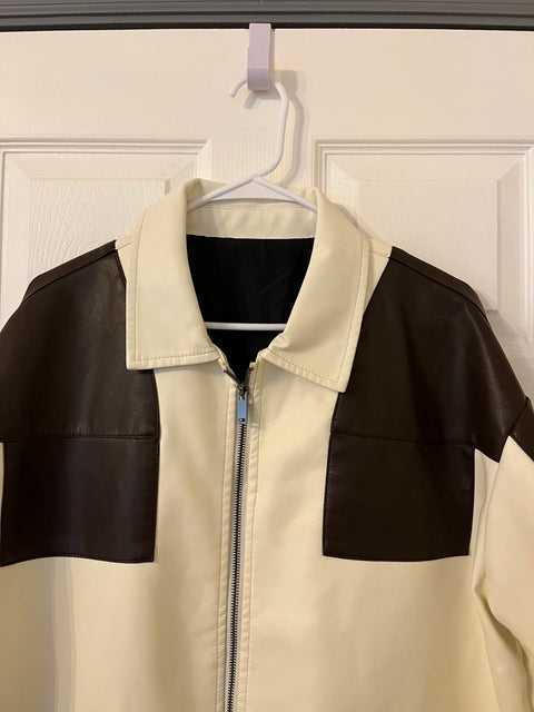 Cool Brown & Cream Fake Leather Jacket, Size Men XL