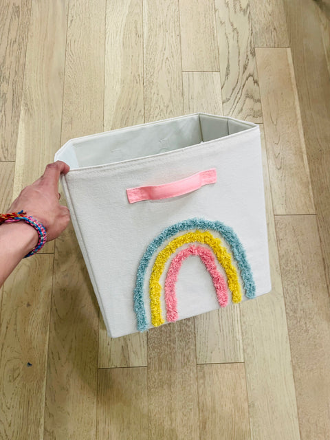 White Fabric Storage Bin with Rainbow Design, 14x14x14"