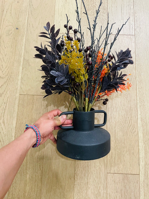 Black Metal Vase with Artificial Floral Arrangement