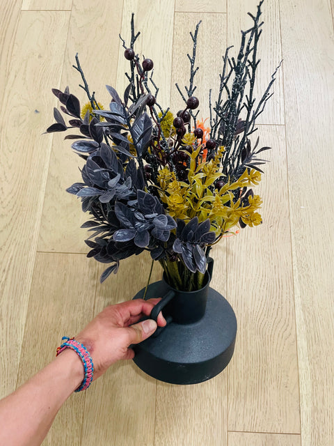 Black Metal Vase with Artificial Floral Arrangement