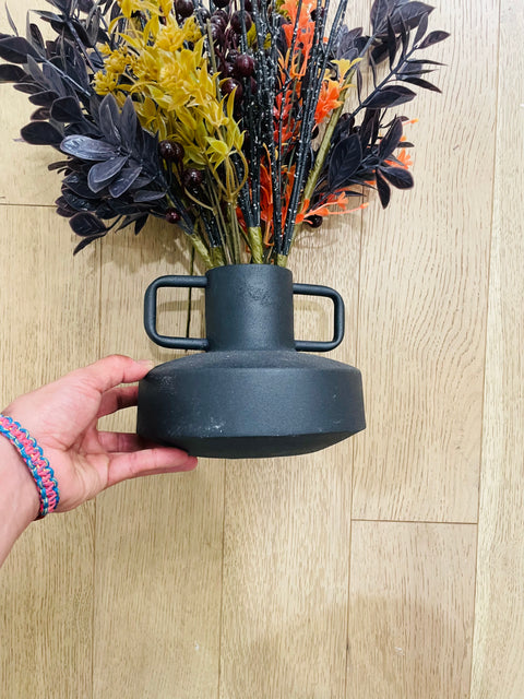 Black Metal Vase with Artificial Floral Arrangement