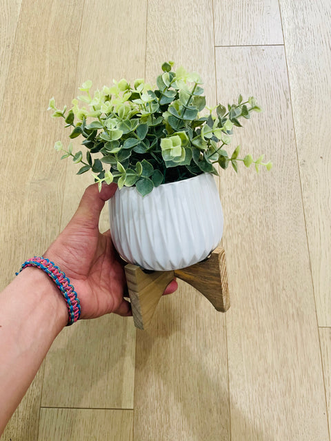 Artificial Plant in White Ceramic Pot with Wood Stand