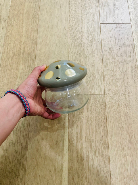 Greyish Green Mushroom-Shaped Glass Jar with Gold Polka Dot Lid