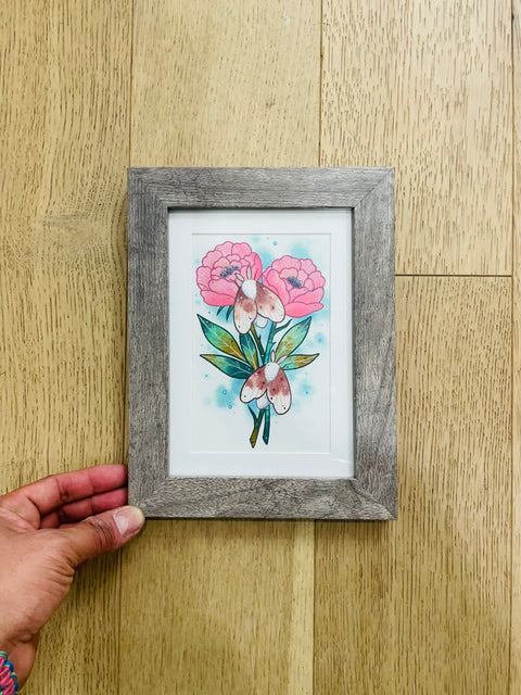 Framed Moth and Pink Flowers Watercolor Art Print, 8x6"
