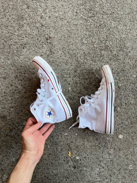 Like New White Chucks Who Belonged To An Artist Thus Have A Few Drops Of Paint, Size US 7M or 9W or 40 EU