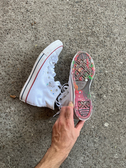 Like New White Chucks Who Belonged To An Artist Thus Have A Few Drops Of Paint, Size US 7M or 9W or 40 EU