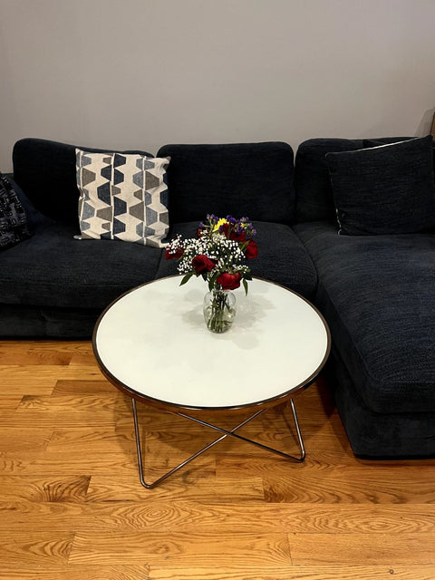 Modern Round Coffee Table With Brass Frame & Frosted Glass Top, W33"