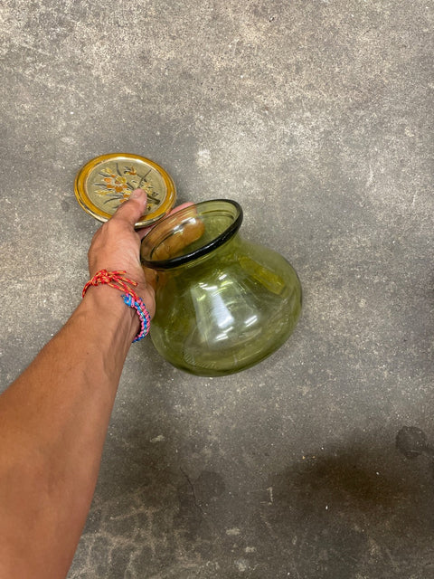 Olive Green Glass Vase & Lid