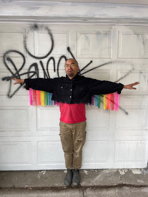 Rainbow Fringed Denim Jacket (Sz 7)