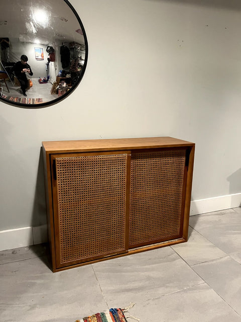 Sexy Mahogany And Cane Cabinet, W40xD14xH30"