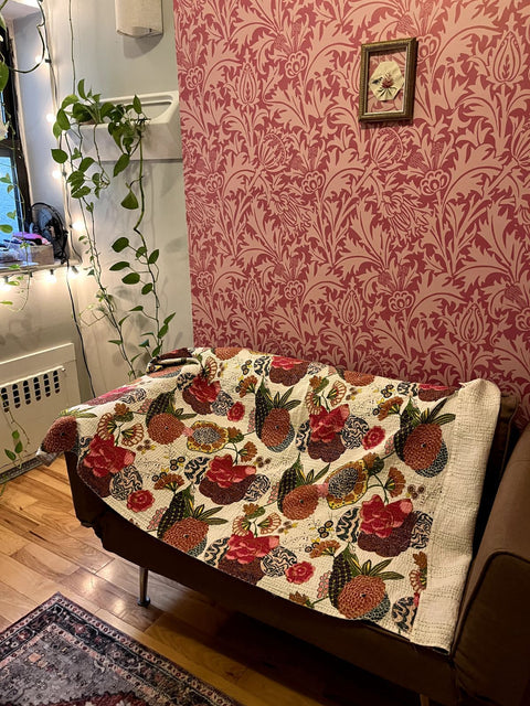 Traditional Indian Kantha Quilt Throw, 35x60"