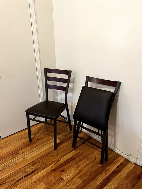 Two Back Metal Folding Chairs with Brown Vinyl Seat