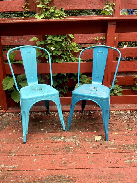 Two Blue Metal Outdoor Chairs