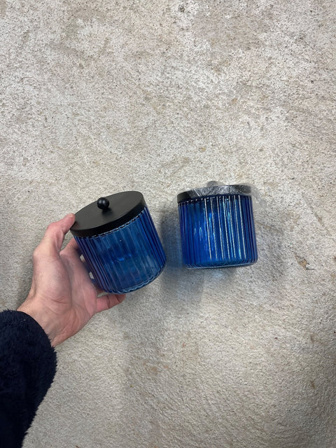 Two Blue Striped Glass Jars
