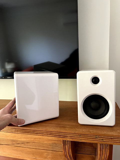 Two White Bookshelf Speakers, Need Speaker Wires