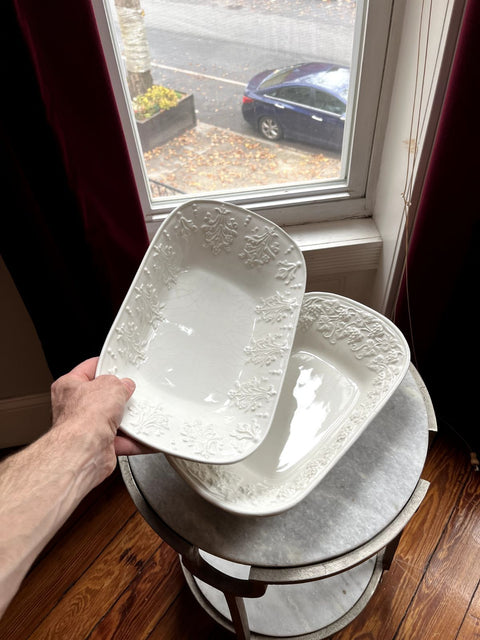 Two White Embossed Serving Platters